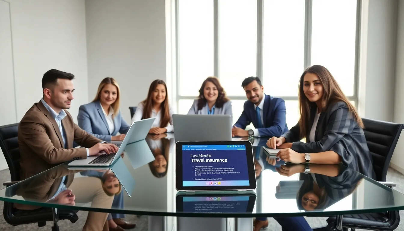 Professionals discussing last minute travel insurance in a modern office.