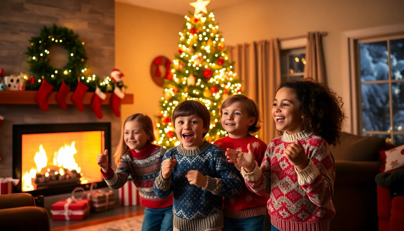 children dancing in a decorated living room during Christmas.