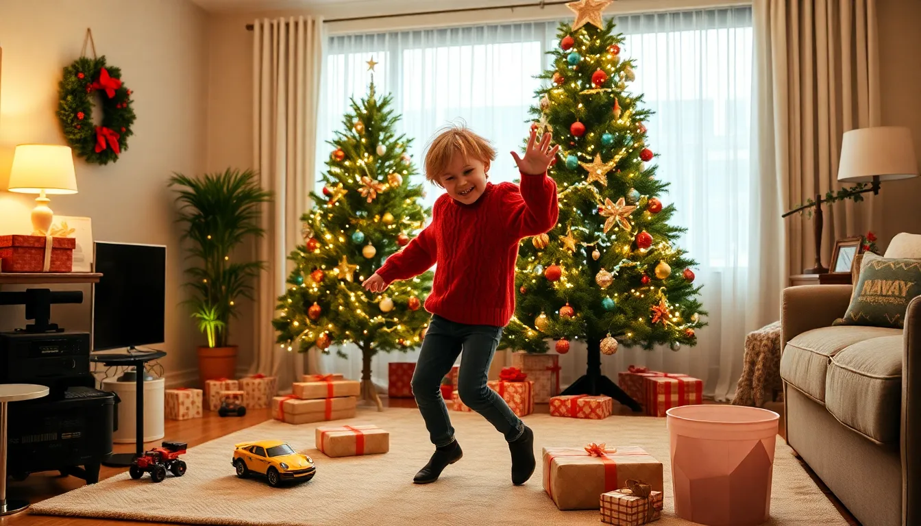 boy celebrating around a decorated Christmas tree in a cozy living room.